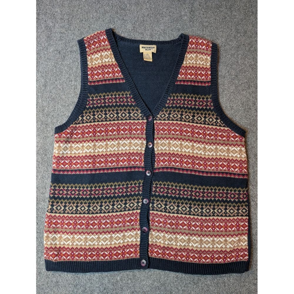 Vintage Northwest Blue Women's Button Up Sweater‎ Vest Knit Size Large Navy Blue